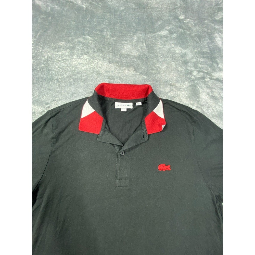 Lacoste Polo Shirt Mens S Black Red Contrast Collar Short Sleeve Logo Athletic - Picture 5 of 10